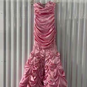 Pink Rhinestone Satin Strapless Mermaid Dress Ruching Rosettes Princess